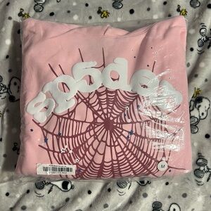 Pink Graphic sp5der Hoodie with Spider Web Design